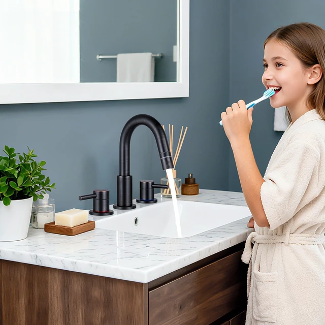 Alt view image 6 of 7 - Bathroom Faucet 3 Hole with Pull Down Sprayer, Oil Rubbed Bronze Lead-free stainless steel, pop-up drain, 2-handle, 360°swivel, 8-inch widespread Faucet for RV/vanity sink, 3-hole mount