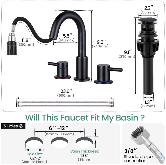 Alt view image 4 of 7 - Bathroom Faucet 3 Hole with Pull Down Sprayer, Oil Rubbed Bronze Lead-free stainless steel, pop-up drain, 2-handle, 360°swivel, 8-inch widespread Faucet for RV/vanity sink, 3-hole mount