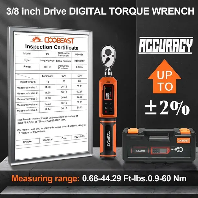 Alt view image 4 of 7 - 3/8 Drive Digital Torque Wrench,Preset Value(0.66-44.29 Ft-lbs./0.9-60Nm) Buzzer and LED Alert,±2% High Accuracy,72-Tooth, Quick Release,Reversible,Large Screen,for Bike Motorcycle,Gift for Men,DIY