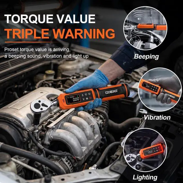 Alt view image 5 of 7 - 3/8 Drive Digital Torque Wrench,Preset Value(0.66-44.29 Ft-lbs./0.9-60Nm) Buzzer and LED Alert,±2% High Accuracy,72-Tooth, Quick Release,Reversible,Large Screen,for Bike Motorcycle,Gift for Men,DIY