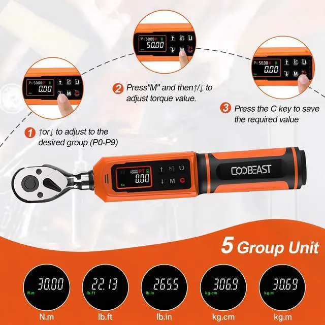 Alt view image 7 of 7 - 3/8 Drive Digital Torque Wrench,Preset Value(0.66-44.29 Ft-lbs./0.9-60Nm) Buzzer and LED Alert,±2% High Accuracy,72-Tooth, Quick Release,Reversible,Large Screen,for Bike Motorcycle,Gift for Men,DIY