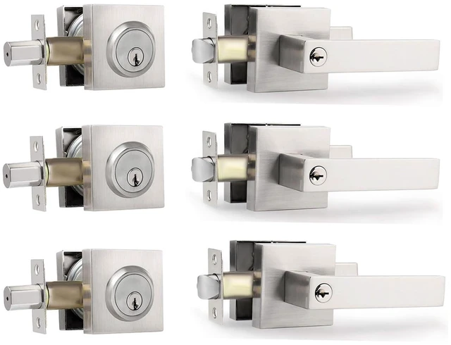 Main image of Exterior Door Lock Set with Deadbolt, Front Door Handle Set with Deadbolt, Door Levers Single Cylinder Deadbolt Set, Keyed Alike Heavy Duty Keyed Entry Handles Locksets,(Satin Nickel,3Pack)