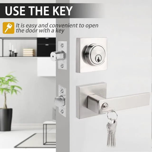 Alt view image 2 of 3 - Exterior Door Lock Set with Deadbolt, Front Door Handle Set with Deadbolt, Door Levers Single Cylinder Deadbolt Set, Keyed Alike Heavy Duty Keyed Entry Handles Locksets,(Satin Nickel,3Pack)