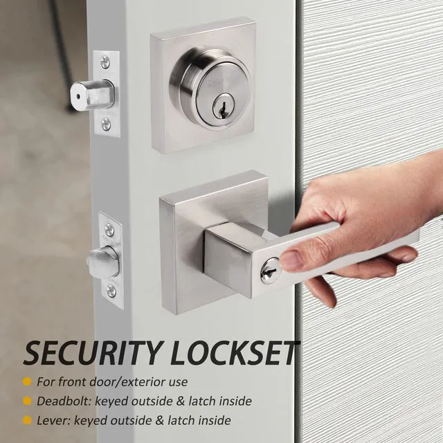 Alt view image 3 of 3 - Exterior Door Lock Set with Deadbolt, Front Door Handle Set with Deadbolt, Door Levers Single Cylinder Deadbolt Set, Keyed Alike Heavy Duty Keyed Entry Handles Locksets,(Satin Nickel,3Pack)