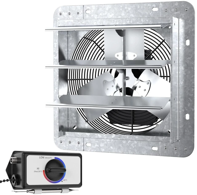 Alt view image 2 of 7 - 12" Wall Mounted Shutter Exhaust Thermostat Control-3 Speeds Vent Fan For Home Attic, Shed, or Garage Ventilation, 960 CFM, 1200 SQF Coverage Area, Variable, Silver