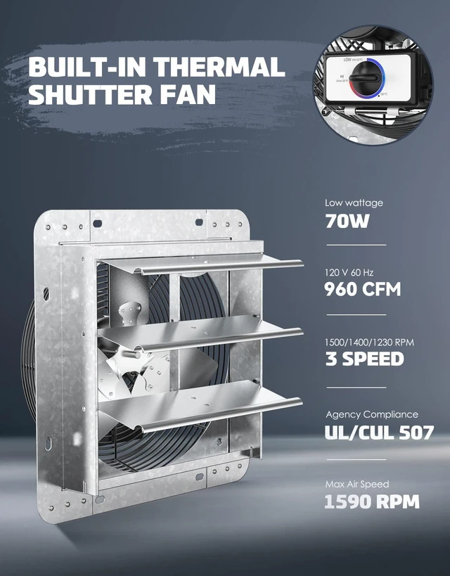 Alt view image 4 of 7 - 12" Wall Mounted Shutter Exhaust Thermostat Control-3 Speeds Vent Fan For Home Attic, Shed, or Garage Ventilation, 960 CFM, 1200 SQF Coverage Area, Variable, Silver