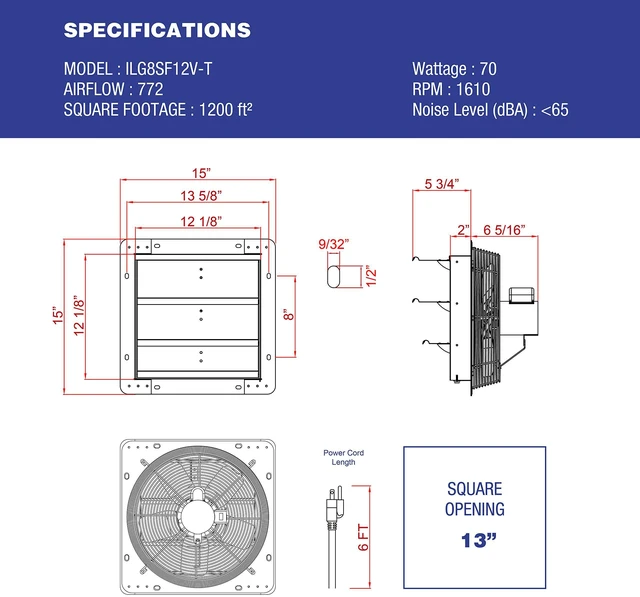 Alt view image 3 of 7 - 12" Wall Mounted Shutter Exhaust Thermostat Control-3 Speeds Vent Fan For Home Attic, Shed, or Garage Ventilation, 960 CFM, 1200 SQF Coverage Area, Variable, Silver
