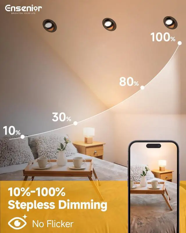Alt view image 4 of 7 - 6 Pack 4 Inch Black LED Eyeball Gimbal Recessed Light, 5CCT 360°+90° Rotatable, 10%-100% Dimmable, 2700K-5000K Selectable, 9W 900LM, 90+CRI, 120V, 40° Beam, ETL&FCC&IC Certified