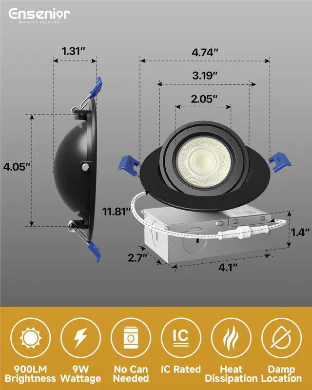 Alt view image 5 of 7 - 6 Pack 4 Inch Black LED Eyeball Gimbal Recessed Light, 5CCT 360°+90° Rotatable, 10%-100% Dimmable, 2700K-5000K Selectable, 9W 900LM, 90+CRI, 120V, 40° Beam, ETL&FCC&IC Certified