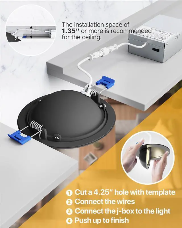 Alt view image 6 of 7 - 6 Pack 4 Inch Black LED Eyeball Gimbal Recessed Light, 5CCT 360°+90° Rotatable, 10%-100% Dimmable, 2700K-5000K Selectable, 9W 900LM, 90+CRI, 120V, 40° Beam, ETL&FCC&IC Certified