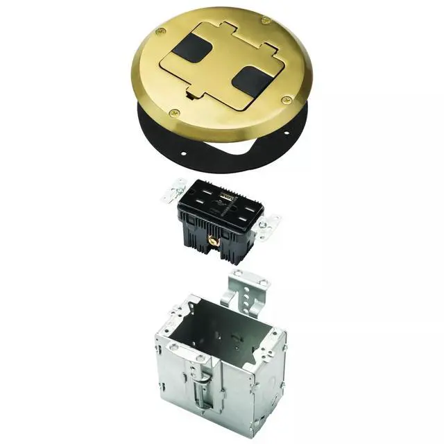 Main image of Floor Box Kit 6239ACBP Brass 15A/125V Duplex Receptacle Outlet with USB Ports, Single Gang Electrical Box for Wood Sub-Floor with 3.1A/5V Type A and C USB Outlet Receptacles for Home Improvement