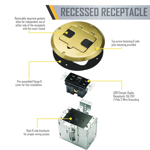 Alt view image 7 of 7 - Floor Box Kit 6239ACBP Brass 15A/125V Duplex Receptacle Outlet with USB Ports, Single Gang Electrical Box for Wood Sub-Floor with 3.1A/5V Type A and C USB Outlet Receptacles for Home Improvement