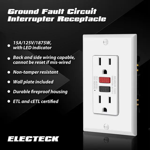 Alt view image 2 of 7 - 10 Pack 15 Amp GFCI Outlets, Decor GFI Receptacles, ETL Listed Slim Design, 15a Non-Tamper Resistant with LED Indicator, Ground Fault Circuit Interrupter, Wallplate Included