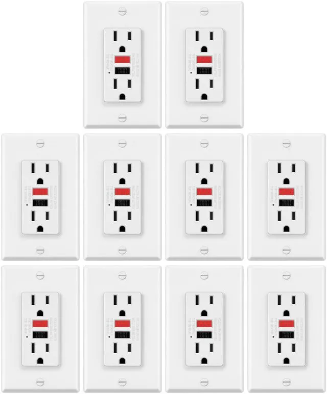 Main image of 10 Pack 15 Amp GFCI Outlets, Decor GFI Receptacles, ETL Listed Slim Design, 15a Non-Tamper Resistant with LED Indicator, Ground Fault Circuit Interrupter, Wallplate Included