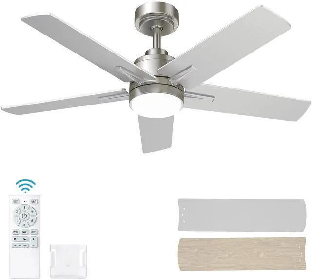 Main image of 42 Inch Brushed Nickel Ceiling Fan with Light and Remote Control 6-Speed Quiet Reversible DC Motor, Dimmable 3CCT LED, 3 Timer Settings, 5-Blade Modern Design, Indoor or Covered Outdoor Use