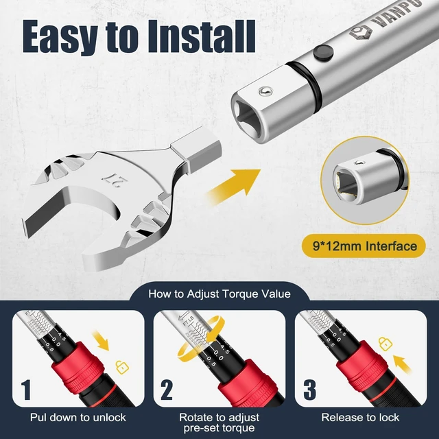 Alt view image 2 of 7 - HVAC Torque Wrench 1080 Ft-lb, 9×12mm, for Mini Split AC Adjustable Click Torque Wrench with Open End Heads (1732mm), ±3% Accuracy, for Refrigeration Flare Nut Installation