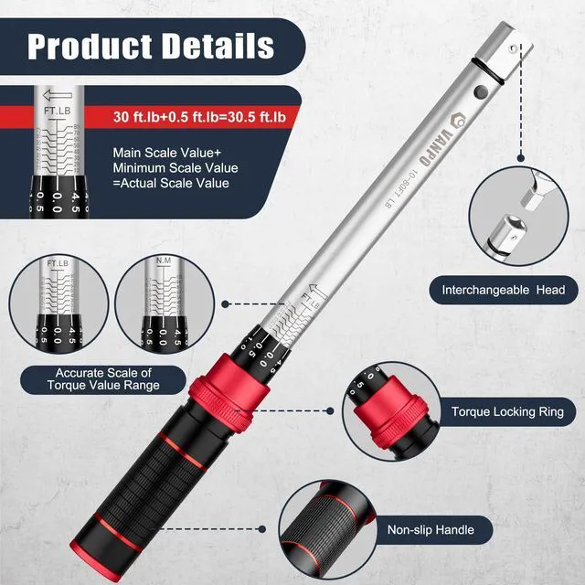 Alt view image 3 of 7 - HVAC Torque Wrench 1080 Ft-lb, 9×12mm, for Mini Split AC Adjustable Click Torque Wrench with Open End Heads (1732mm), ±3% Accuracy, for Refrigeration Flare Nut Installation