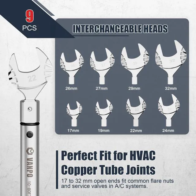 Alt view image 4 of 7 - HVAC Torque Wrench 1080 Ft-lb, 9×12mm, for Mini Split AC Adjustable Click Torque Wrench with Open End Heads (1732mm), ±3% Accuracy, for Refrigeration Flare Nut Installation