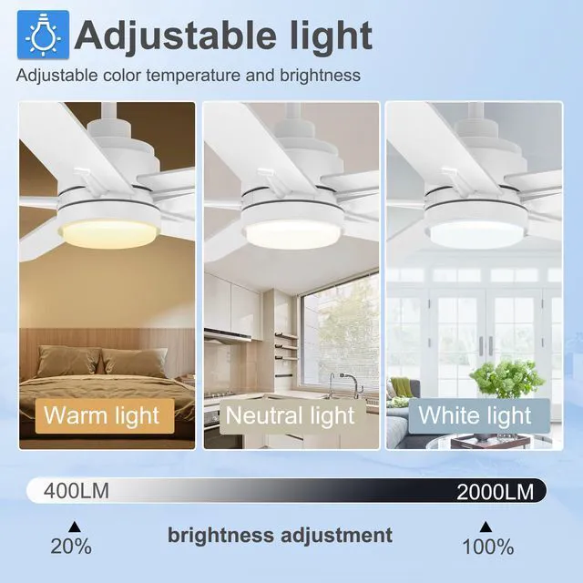 Alt view image 4 of 7 - 42 Inch White Ceiling Fan with Light and Remote Control 6-Speed Quiet Reversible DC Motor, Dimmable 3CCT LED, 3 Timer Settings, 5-Blade Modern Design, Indoor or Covered Outdoor Use