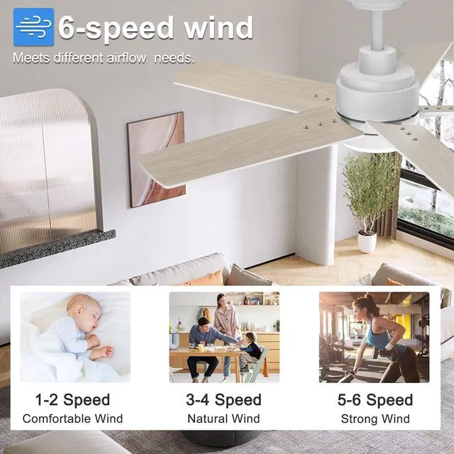 Alt view image 5 of 7 - 42 Inch White Ceiling Fan with Light and Remote Control 6-Speed Quiet Reversible DC Motor, Dimmable 3CCT LED, 3 Timer Settings, 5-Blade Modern Design, Indoor or Covered Outdoor Use