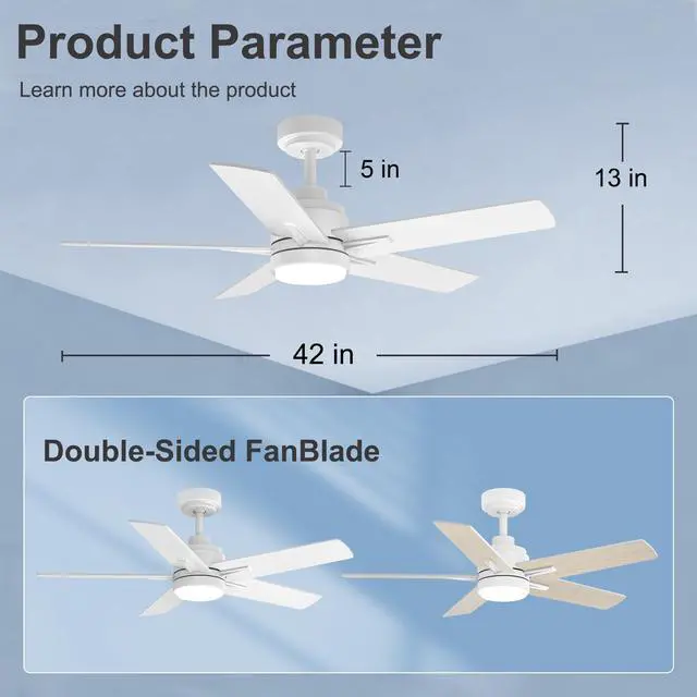 Alt view image 7 of 7 - 42 Inch White Ceiling Fan with Light and Remote Control 6-Speed Quiet Reversible DC Motor, Dimmable 3CCT LED, 3 Timer Settings, 5-Blade Modern Design, Indoor or Covered Outdoor Use