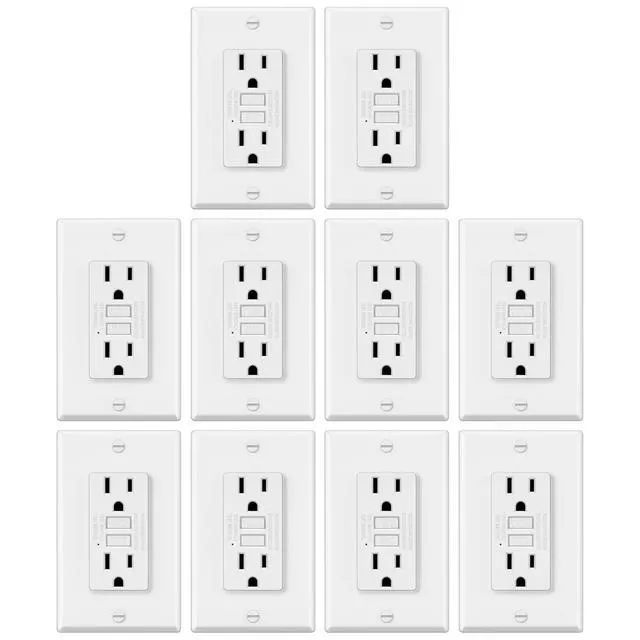 Main image of 10 Pack GFCI Outlets 15 Amp, NTR GFI Receptacle, ETL Listed, White Slim Design, 15a Non-Tamper Resistant with LED Indicator, Ground Fault Circuit Interrupter, Wallplate Included