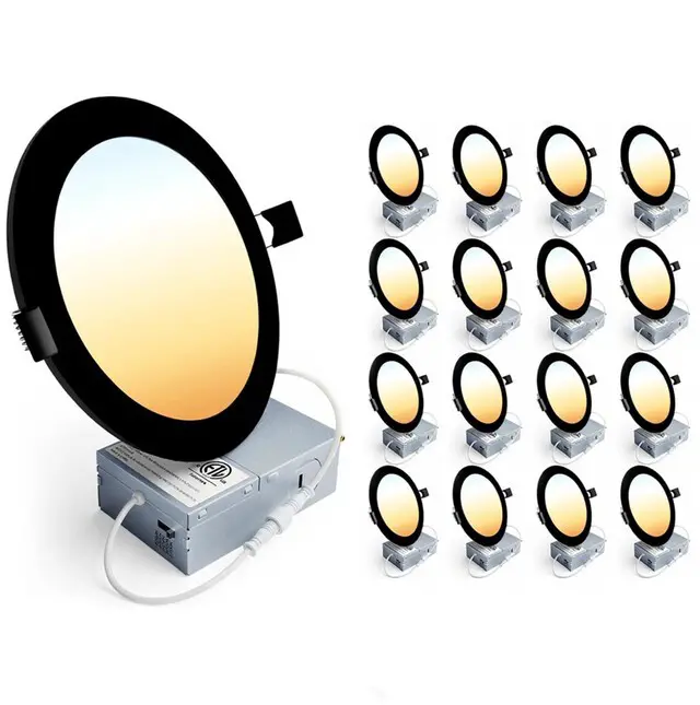 Main image of 16 Pack 6 Inch LED Recessed Ceiling Light, Dimmable, 2700K-5000K 5CCT, 1200LM 12W 120V, High Brightness Canless Wafer Downlight, Black - ETL&FCC&IC