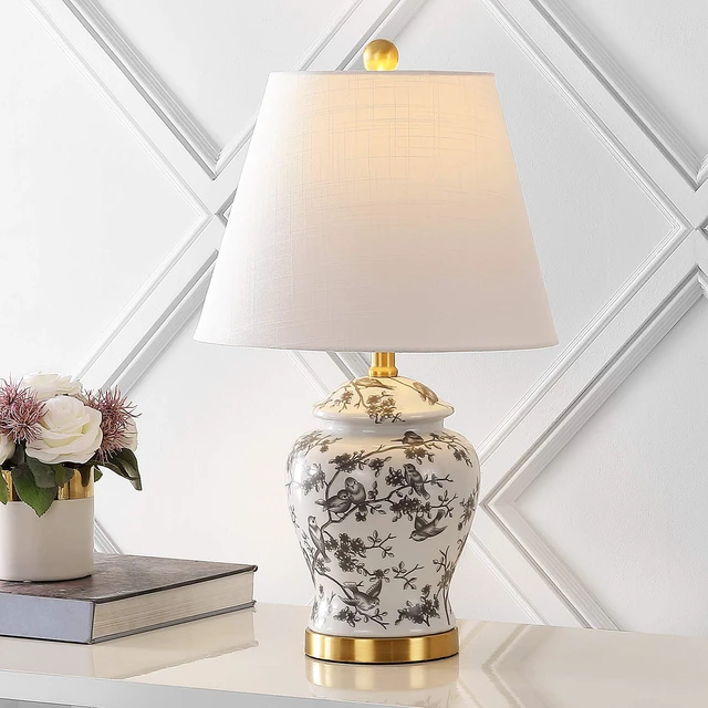 Alt view image 2 of 7 - Penelope Ginger Jar 22" LED Table Lamp, Gray/White Chinoiserie, Ceramic Metal Construction, French Country Traditional, Linen Empire Shade, Brass Gold, LED Bulb Included