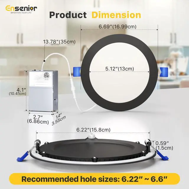 Alt view image 7 of 7 - 16 Pack 6 Inch LED Recessed Ceiling Light, Dimmable, 2700K-5000K 5CCT, 1200LM 12W 120V, High Brightness Canless Wafer Downlight, Black - ETL&FCC&IC