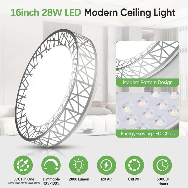 Alt view image 2 of 7 - 16 Inch Bird's Nest Flush Mount Ceiling Light, 28W, 5CCT 2700K-6500K Selectable, Modern LED Ceiling Light Fixture, Dimmable, for Bedroom, Kitchen, Closet, Brushed Nickel, ETL Listed