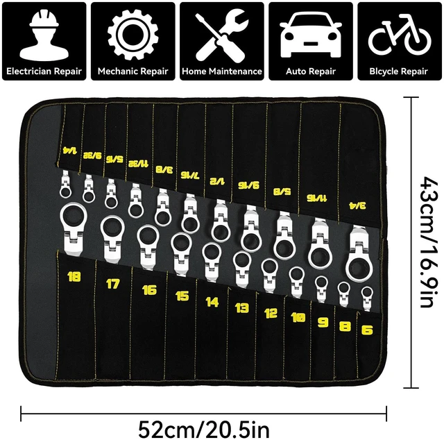Alt view image 2 of 7 - 23PC Flex Head Ratcheting Wrench Set SAE & Metric Mechanic Tools 1/4"-3/4"&6-18MM Bolt Gauge, CR-V Steel 72-Tooth 180-Degree Flex Head 12Pt, Color Rings, Roll Pouch For Auto & Home Repair