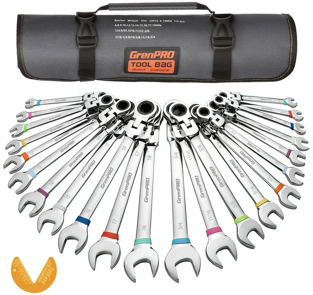 Main image of 23PC Flex Head Ratcheting Wrench Set SAE & Metric Mechanic Tools 1/4"-3/4"&6-18MM Bolt Gauge, CR-V Steel 72-Tooth 180-Degree Flex Head 12Pt, Color Rings, Roll Pouch For Auto & Home Repair