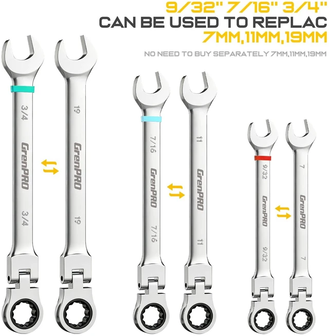Alt view image 3 of 7 - 23PC Flex Head Ratcheting Wrench Set SAE & Metric Mechanic Tools 1/4"-3/4"&6-18MM Bolt Gauge, CR-V Steel 72-Tooth 180-Degree Flex Head 12Pt, Color Rings, Roll Pouch For Auto & Home Repair
