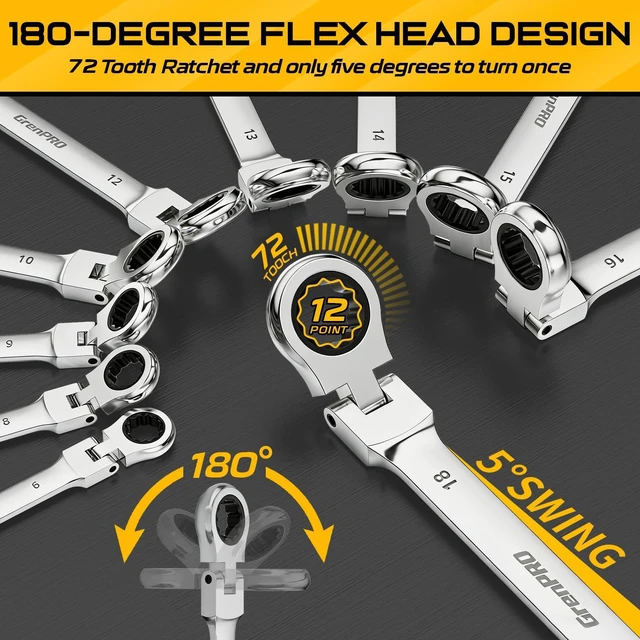 Alt view image 5 of 7 - 23PC Flex Head Ratcheting Wrench Set SAE & Metric Mechanic Tools 1/4"-3/4"&6-18MM Bolt Gauge, CR-V Steel 72-Tooth 180-Degree Flex Head 12Pt, Color Rings, Roll Pouch For Auto & Home Repair