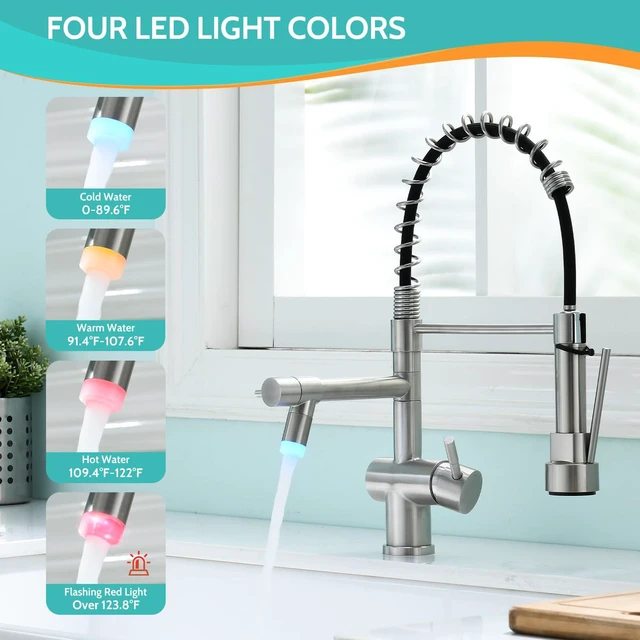Alt view image 2 of 6 - LED Kitchen Faucet with Pull Down Sprayer, Brushed Nickel Faucet for Kitchen Sink, Single Handle High Arc 304 Stainless Steel LED Commercial Bar Kitchen Sink Faucet for 1 Hole Or 3 Hole