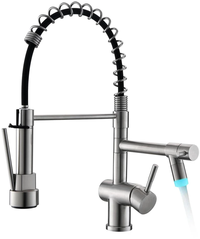 Main image of LED Kitchen Faucet with Pull Down Sprayer, Brushed Nickel Faucet for Kitchen Sink, Single Handle High Arc 304 Stainless Steel LED Commercial Bar Kitchen Sink Faucet for 1 Hole Or 3 Hole