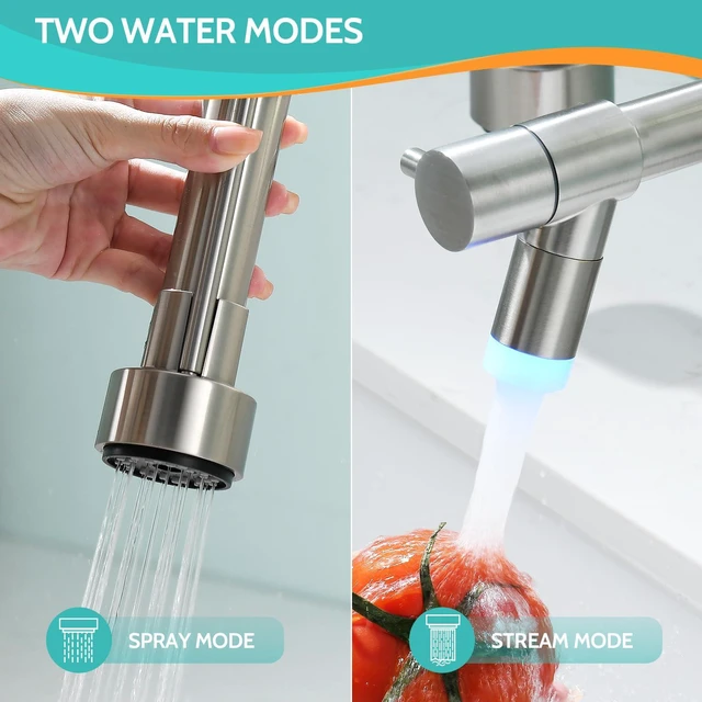 Alt view image 3 of 6 - LED Kitchen Faucet with Pull Down Sprayer, Brushed Nickel Faucet for Kitchen Sink, Single Handle High Arc 304 Stainless Steel LED Commercial Bar Kitchen Sink Faucet for 1 Hole Or 3 Hole