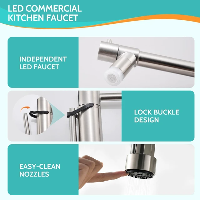 Alt view image 4 of 6 - LED Kitchen Faucet with Pull Down Sprayer, Brushed Nickel Faucet for Kitchen Sink, Single Handle High Arc 304 Stainless Steel LED Commercial Bar Kitchen Sink Faucet for 1 Hole Or 3 Hole