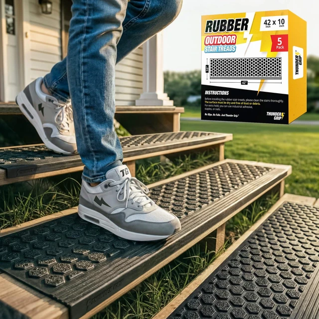 Main image of Rubber Stair Treads Outdoor 42" x 10" 5-Pack - Heavy-Duty Non-Slip Rubber Outdoor Stair Treads Non-Slip Weather Resistant, Exterior Rubber Mats for Wooden Steps, Anti Slip Step Covers by