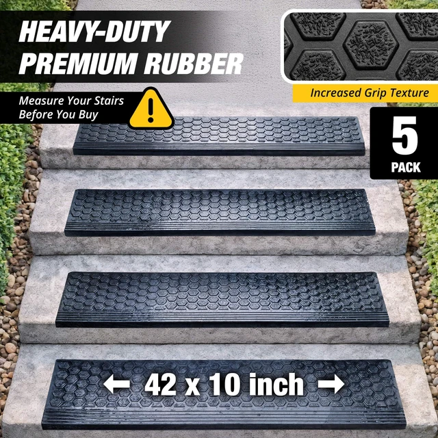 Alt view image 5 of 7 - Rubber Stair Treads Outdoor 42" x 10" 5-Pack - Heavy-Duty Non-Slip Rubber Outdoor Stair Treads Non-Slip Weather Resistant, Exterior Rubber Mats for Wooden Steps, Anti Slip Step Covers by