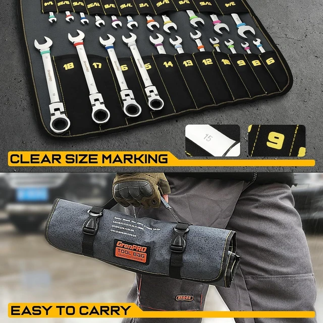 Alt view image 6 of 7 - 23PC Flex Head Ratcheting Wrench Set SAE & Metric Mechanic Tools 1/4"-3/4"&6-18MM Bolt Gauge, CR-V Steel 72-Tooth 180-Degree Flex Head 12Pt, Color Rings, Roll Pouch For Auto & Home Repair