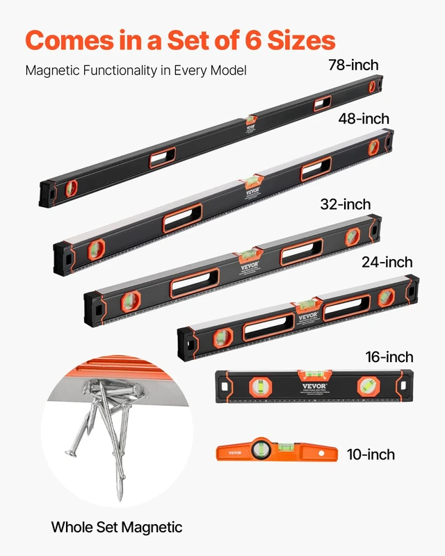 Alt view image 3 of 7 - 6-Piece Torpedo Level, 78/48/32/24/16/10 Inch All Magnetic Levels Set, Bubble Vials Ruler for 45/90/180 Degree, Aluminum Alloy Magnetic Box Leveler Tool, Shock-Resistance, SAE and Metric Scale