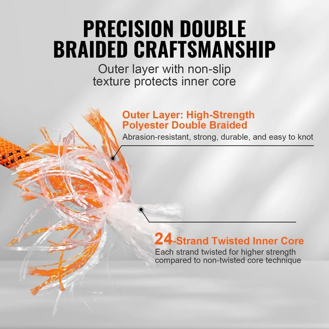 Alt view image 3 of 7 - Double Braided Polyester Rope 3/4 in x 220 ft 24 Strands Orange/Black Arborist Rigging Rope for Rock Hiking Camping Swing Rappelling Rescue, 20000 LBS Breaking Strength, with Heat-Sealed Ends