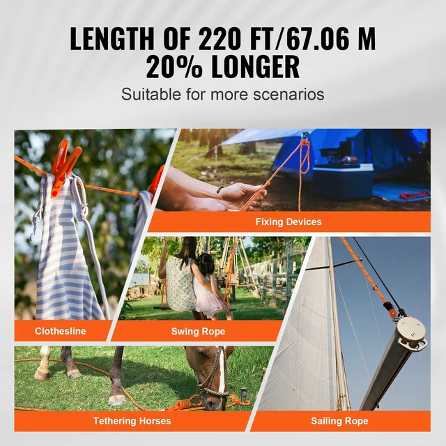 Alt view image 4 of 7 - Double Braided Polyester Rope 3/4 in x 220 ft 24 Strands Orange/Black Arborist Rigging Rope for Rock Hiking Camping Swing Rappelling Rescue, 20000 LBS Breaking Strength, with Heat-Sealed Ends