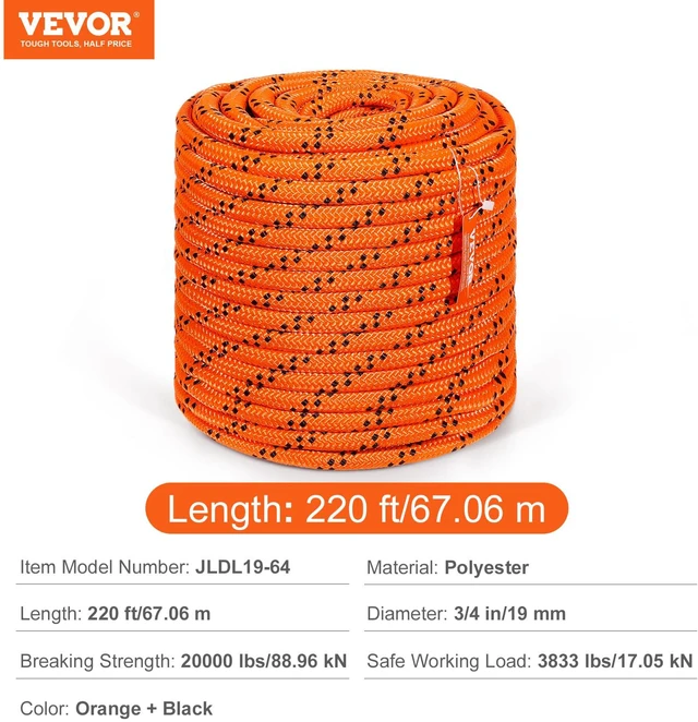 Alt view image 7 of 7 - Double Braided Polyester Rope 3/4 in x 220 ft 24 Strands Orange/Black Arborist Rigging Rope for Rock Hiking Camping Swing Rappelling Rescue, 20000 LBS Breaking Strength, with Heat-Sealed Ends