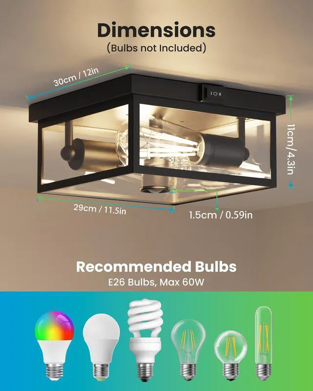 Alt view image 5 of 7 - Outdoor Ceiling Light with Motion Sensor 12'', Flush Mount Porch Light, Exterior Light Fixture with Clear Glass, Dusk to Dawn 2-Light Fixture for Patio,Porch