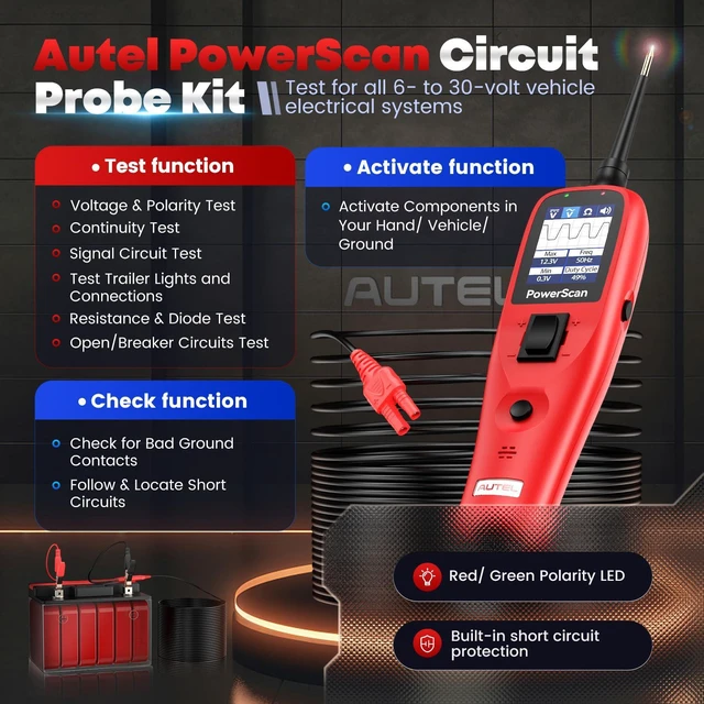 Alt view image 2 of 7 - PowerScan Automotive Circuit Tester, 12-24V Power Circuit Probe Tool Electrical Short Open Breaker Finder, AC/DC Voltage Current Resistance Detection, Trailer Light Test, 20FT Extension Cord