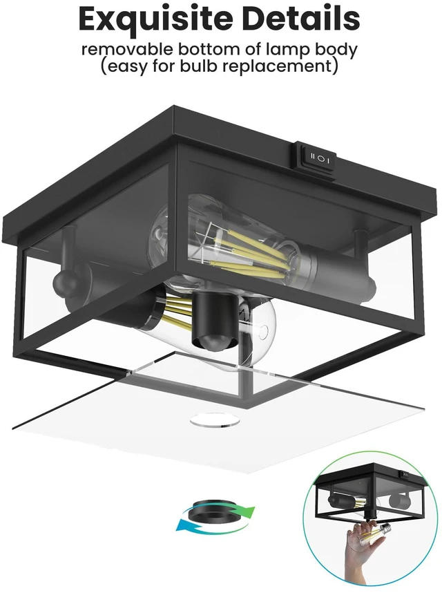 Alt view image 7 of 7 - Outdoor Ceiling Light with Motion Sensor 12'', Flush Mount Porch Light, Exterior Light Fixture with Clear Glass, Dusk to Dawn 2-Light Fixture for Patio,Porch