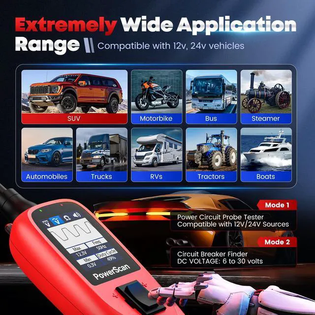 Alt view image 5 of 7 - PowerScan Automotive Circuit Tester, 12-24V Power Circuit Probe Tool Electrical Short Open Breaker Finder, AC/DC Voltage Current Resistance Detection, Trailer Light Test, 20FT Extension Cord