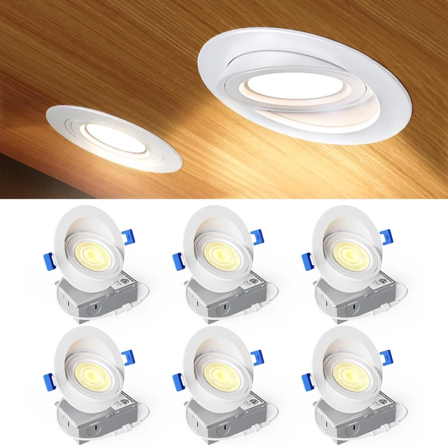Main image of 6 Pack 4 Inch LED Eyeball Gimbal Recessed Light, 5CCT Dimmable 360°+90° Rotatable, 10%-100% Dimmable, 2700K-5000K Selectable, 9W 900LM, 90+CRI, 120V, 40° Beam, ETL&FCC&IC Certified